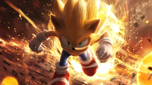 Blazing golden hedgehog dashes forward through fiery energy