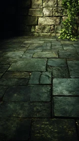 Mossy stone courtyard floor meets aged ivy covered wall