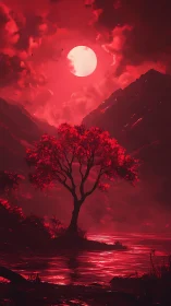 Solitary riverside tree stands under high-contrast red sky