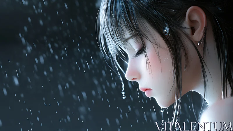 Profile view shows stylized female figure rendered in rainfall