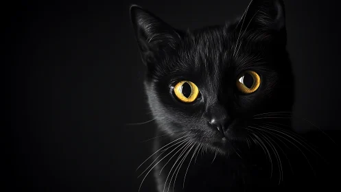 Black Cat with Luminous Golden Eyes Against Dark Background.