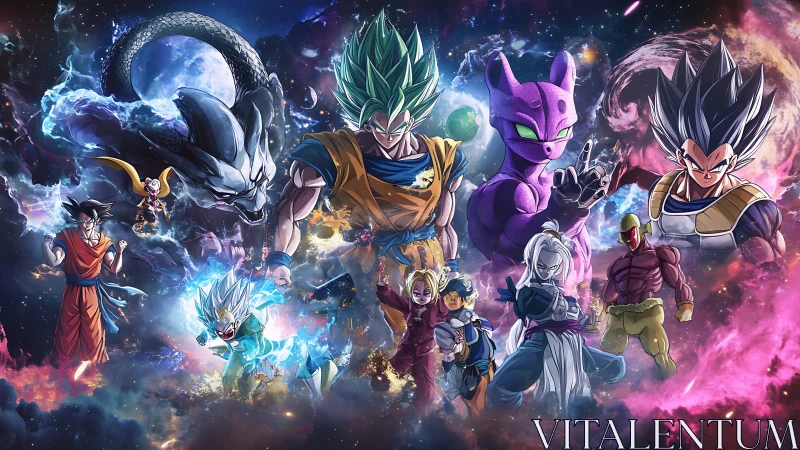 Dragon Ball warriors clash in cosmic energy storm panorama.