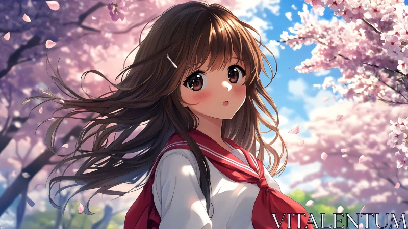 Anime schoolgirl under cherry blossoms in springtime.
