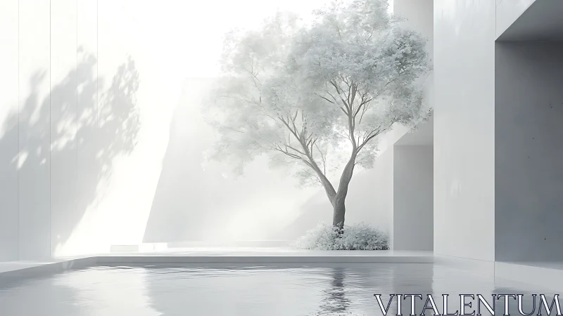 Minimalist White Architecture with Solitary Tree and Reflection.