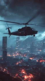Military helicopter hovers over burning city during storm
