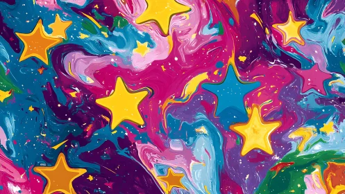 Star-shaped confetti sails brightly through a neon painted cosmos