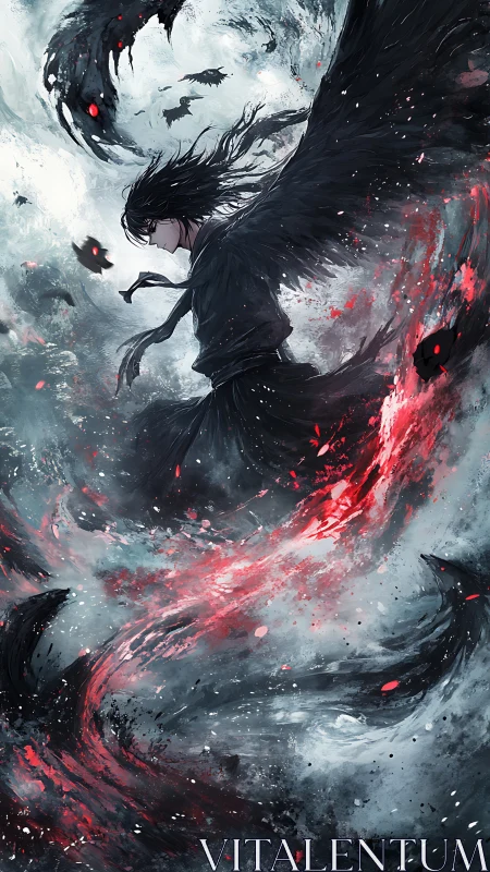 Winged shadow drifting through a storm of wild color.