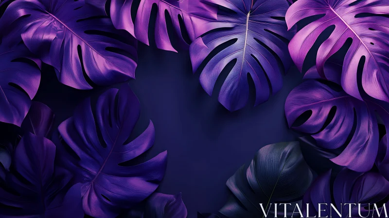 Monstera leaves in violet tones on dark background.