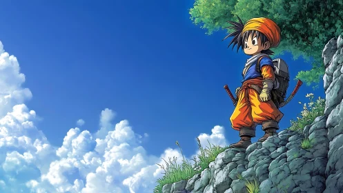 Skyline surveyor on cliff ledge in high-saturation anime render.