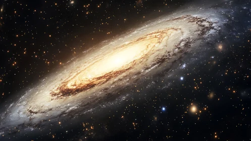 Inclined spiral galaxy disk with dense stellar halo rendering.