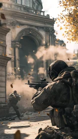 Intense urban firefight unfolds amid crumbling stone arches.