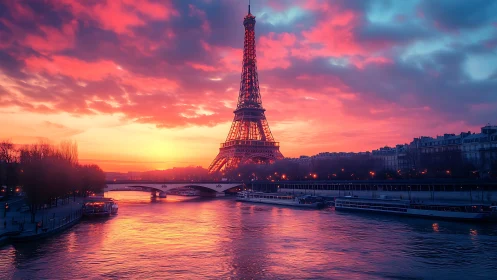 Romantic Paris sunset embracing the Eiffel Tower and Seine.