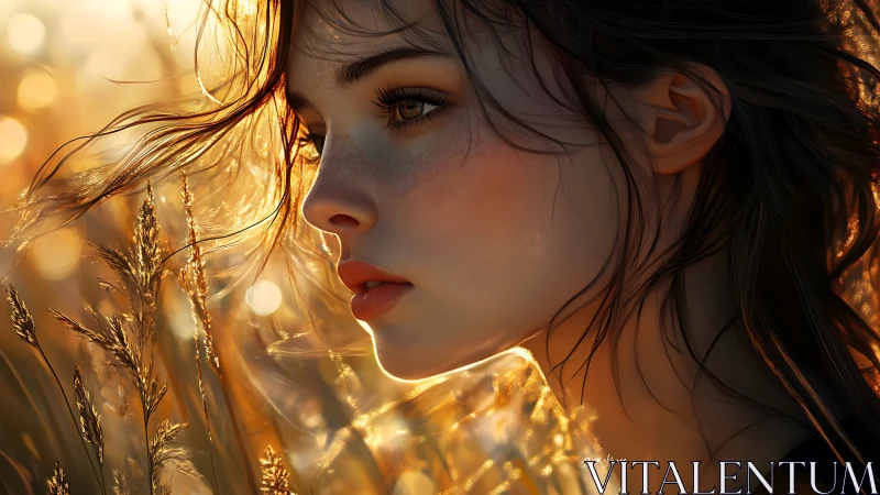 Side profile of woman in warm golden field at sunset.