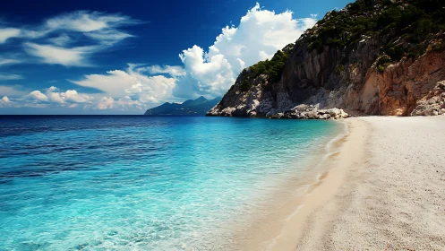 Turquoise cove shoreline with limestone cliffs and cumulus sky