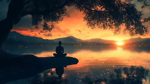 Meditative silhouette at tranquil lakeside sunset glow.