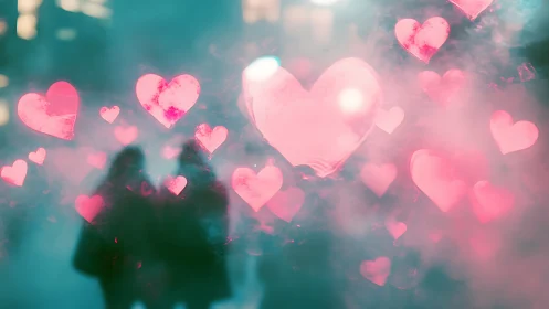 Ethereal Heart Bokeh Composite with Dual Figure Silhouettes and Teal-Pink Gradient Overlay