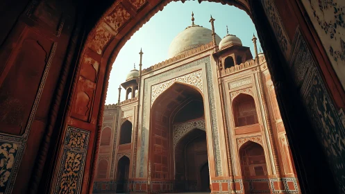 Red sandstone mosque courtyard framed by ornate archway