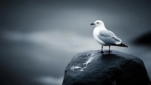 Solitary Gull Perches on Dark Rock Against Moody Sky
