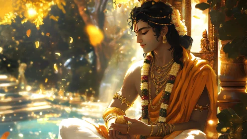 Seated figure in ornate garments amid warm golden foliage.