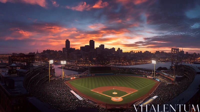 Sunset stadium symphony over river-lit downtown skyline.