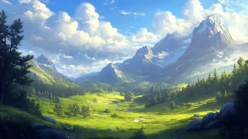 Mountain valley landscape with forests under daylight sky.