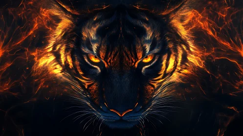 Firelit tiger portrait with symmetrical glowing embers framing.