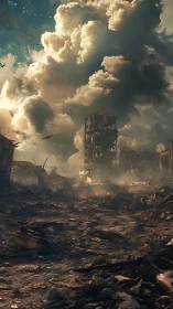 Stormlit ruins rise beneath colossal boiling skies of ash.