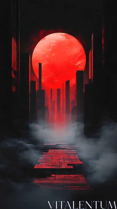 Crimson moonrise stalking a fog-drowned neon canyon.