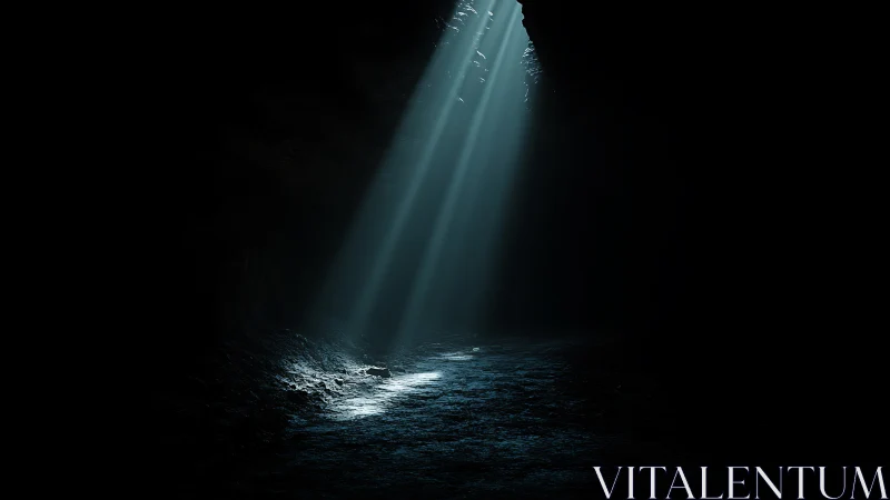Single shaft of light pierces a shadowed rocky cavern floor.