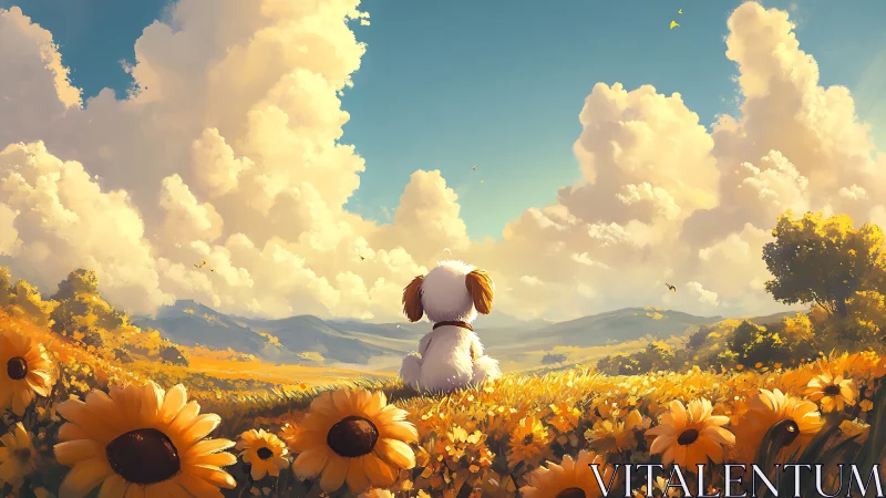Small white puppy observes vast sunflower valley at sunset