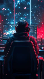 Neon night gamer lost in a glowing city of pixels.