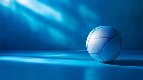 Minimalist blue court scene with isolated sports ball study.