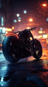 Midnight motorcycle waits under neon city lights, quietly alive