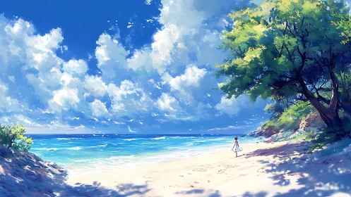 Solitary figure on bright shoreline under expansive clouds.