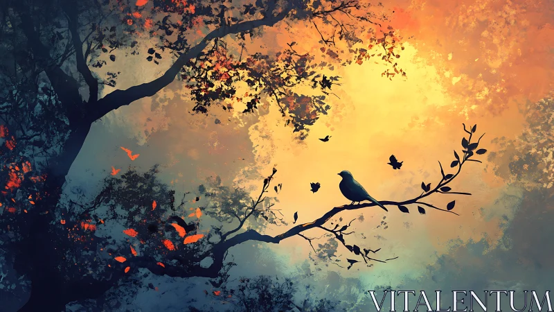 Bird silhouette on branch against glowing sky at dusk.