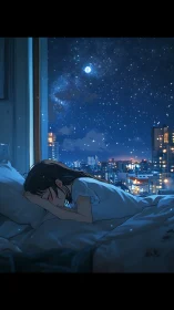Girl sleeps by window overlooking dense starry city night