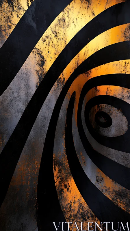 Rust-textured golden spiral curves into a moody dark void