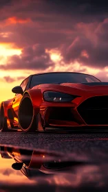 Aerodynamic widebody coupe under volumetric sunset sky.