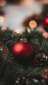 Red ornament rests on evergreen branches with pinecone