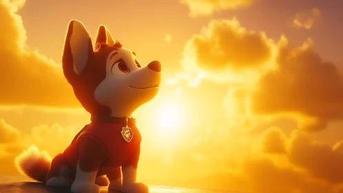 Cartoon rescue puppy sits in warm orange sunset light.