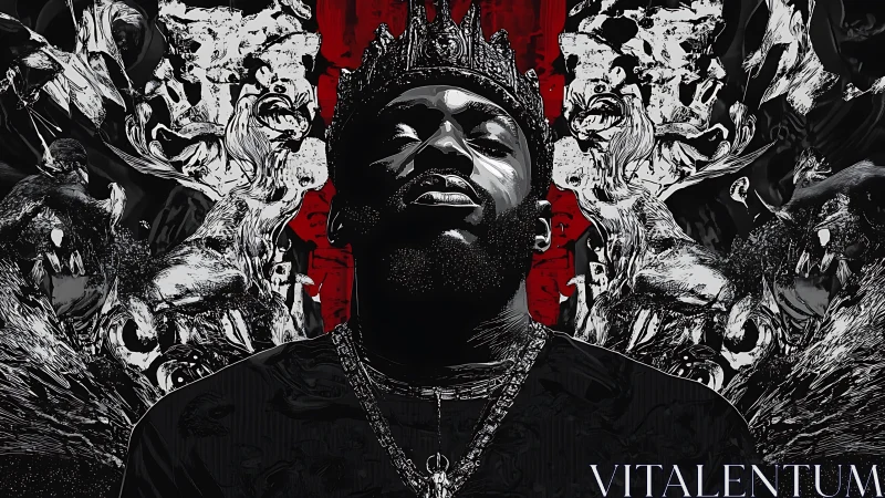 Crowned male portrait with abstract monochrome beasts.