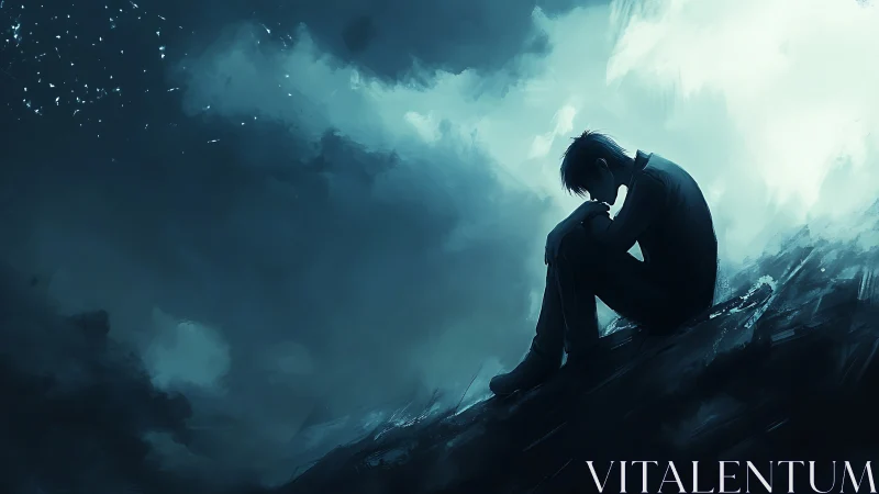 Solitary figure contemplates under cold, turbulent sky.