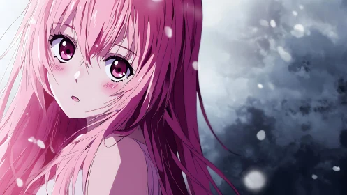 Soft pink haired girl gazing gently through falling snow.