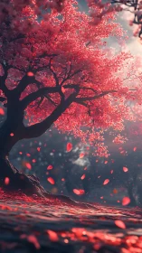Dreamlike cherry blossom tree scatters glowing petals softly.
