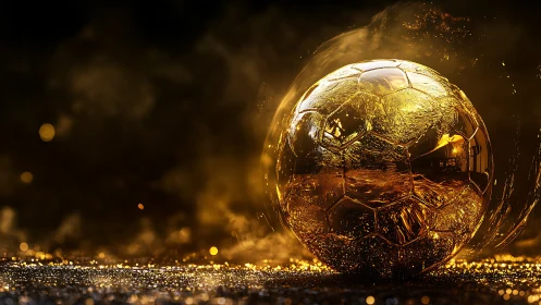 Golden soccer ball glows against dark shimmering backdrop