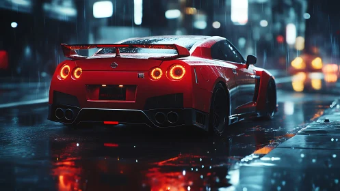 Red sports car cuts through neon rain on slick city street.