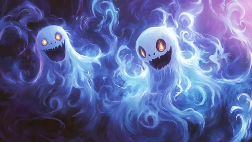 Glowing ghost spirits swirl through vibrant spectral mist