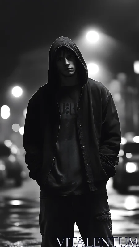 Hooded nightwalker under rain-glossed city halos.