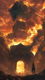 Central stone gate and tower burn amid dense urban fire