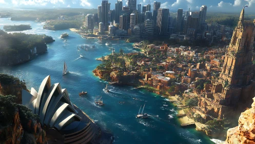 Futuristic Sydney harbor skyline with monumental stone spire.